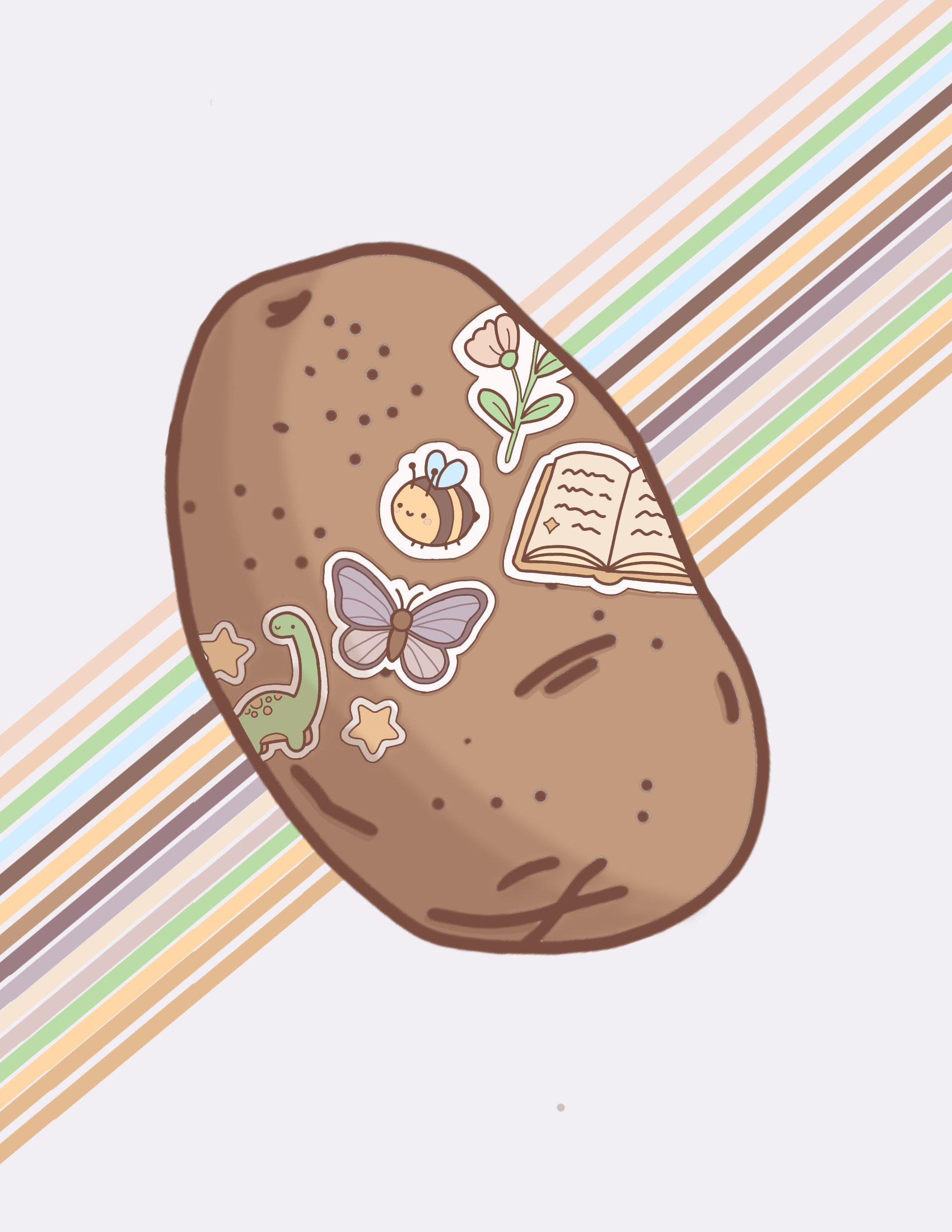 a drawing of a tato, festooned with stickers in the shapes of: a book, a bee, a butterfly, two yellow five-pointed stars, and a brachiosaurus. these are the types of stickers with which you would adorn a sturdy waterbottle brought on a dayhike or a late night study session at the library. the tato is suspended in space. it soars over its ancestral livery: fifteen parallel lines in varying pastels, atop a white field. the brachiosaur looks over its shoulder; is it expectantly scanning the horizon for the foliage it so craves...or surveilling the allosaurus sticker that pursues it from the dark side of the tato?