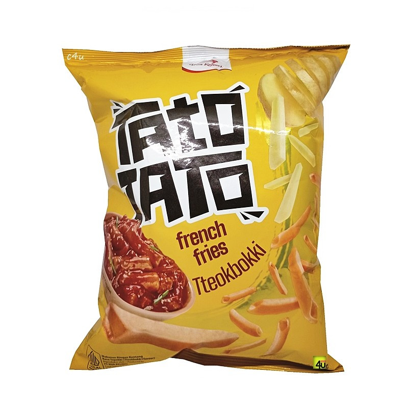a yellow bag of snack food on a white background, bulging obstreporously as images of thickly sliced medallions of potato and julienned french fry pieces cascade in the background. the words 'Tato Tato' are printed in a squarish, stylized font, in black lettering over a white background. a sumptuous and juicy bowl of tteokbokki rests in the lower left corner, like cantilevers awaiting installation.